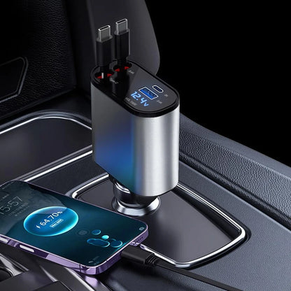 4-in-1 Retractable Car Charger – Fast Charging with Digital Voltage Display