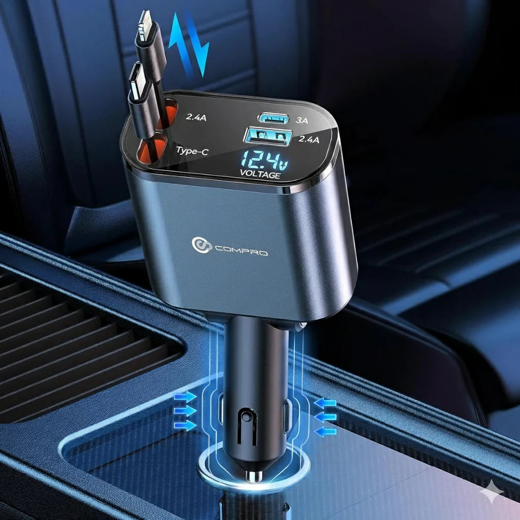 4-in-1 Retractable Car Charger – Fast Charging with Digital Voltage Display