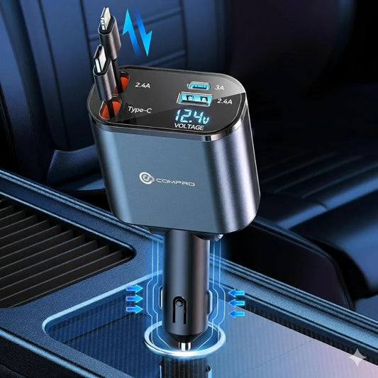 4-in-1 Retractable Car Charger – Fast Charging with Digital Voltage Display