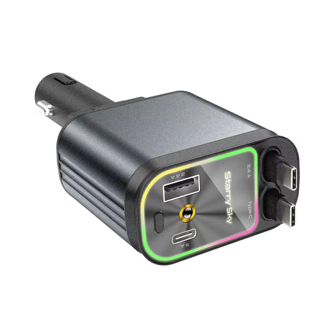 4-in-1 Retractable Car Charger – Fast Charging with Digital Voltage Display