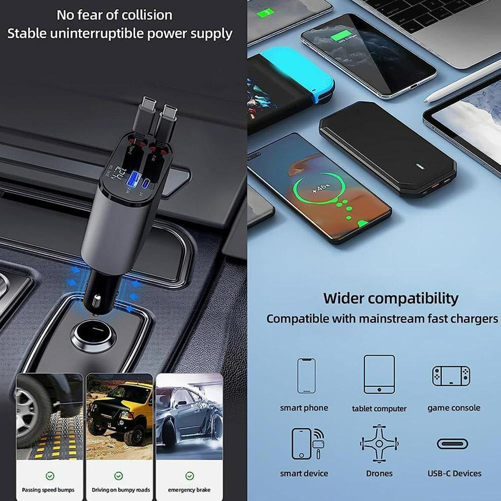 4-in-1 Retractable Car Charger – Fast Charging with Digital Voltage Display